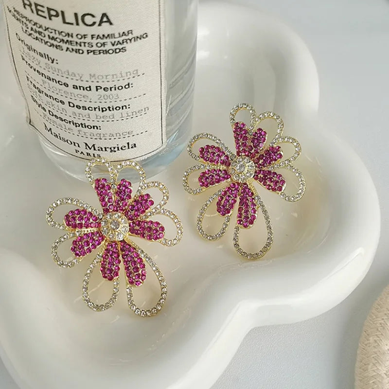 Pink Rhinestone Flower Earrings - Gold Hollow Metal Statement Dangle - AstroVerse™