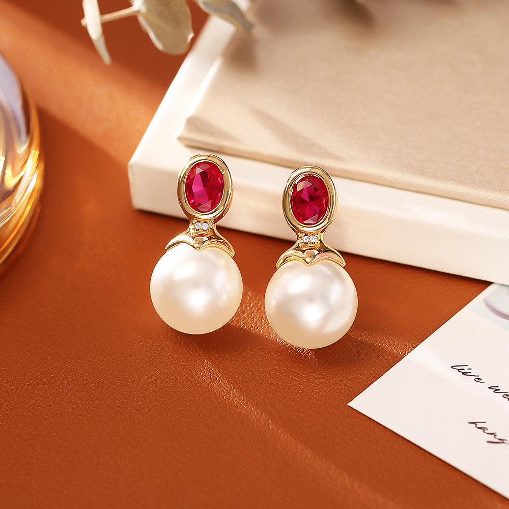 High-grade Ruby Pearl Stud Earrings Fashion Simple - AstroVerse™