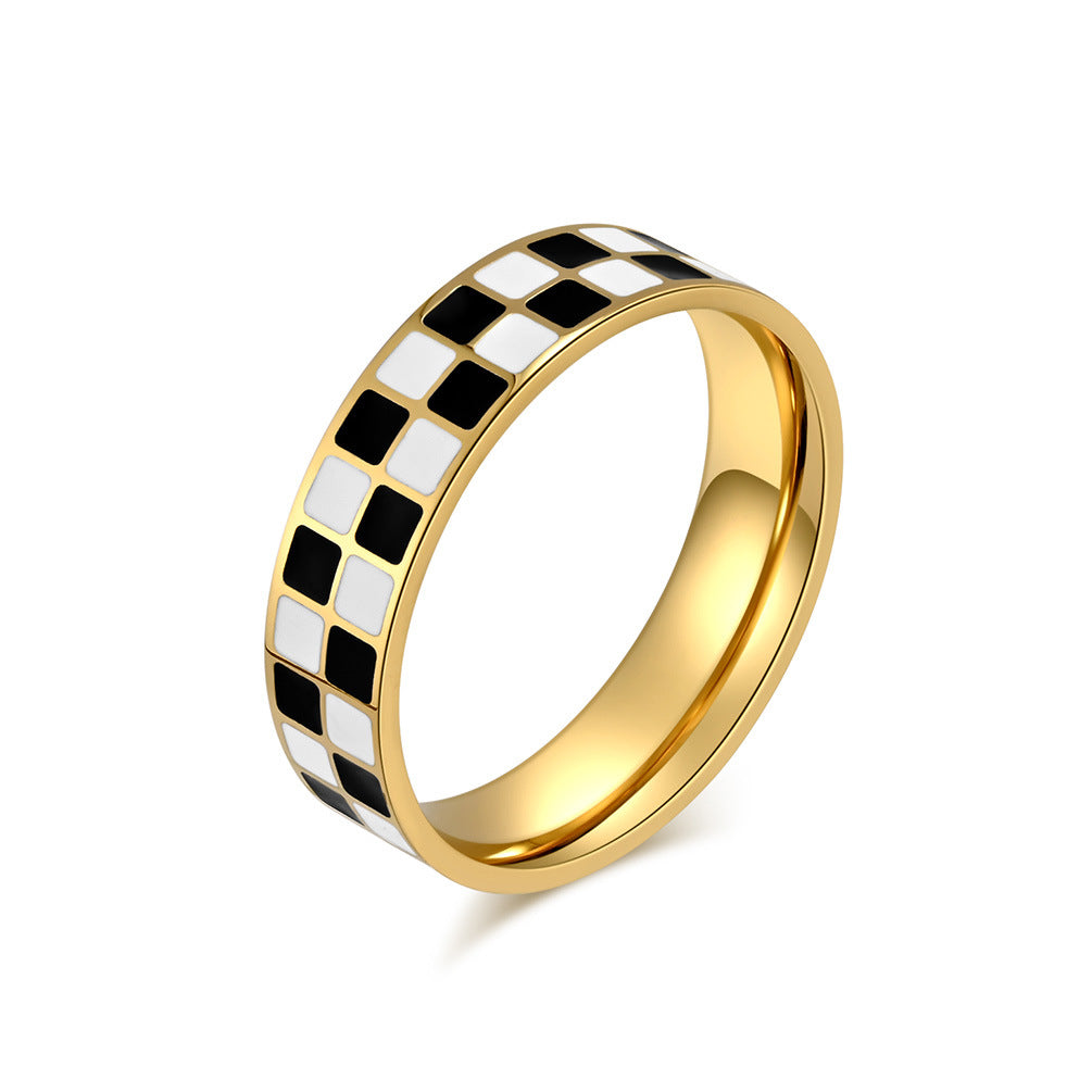 Black and white checkered titanium steel tail ring ring women's square fashion commuting small fragrance accessory - AstroVerse™