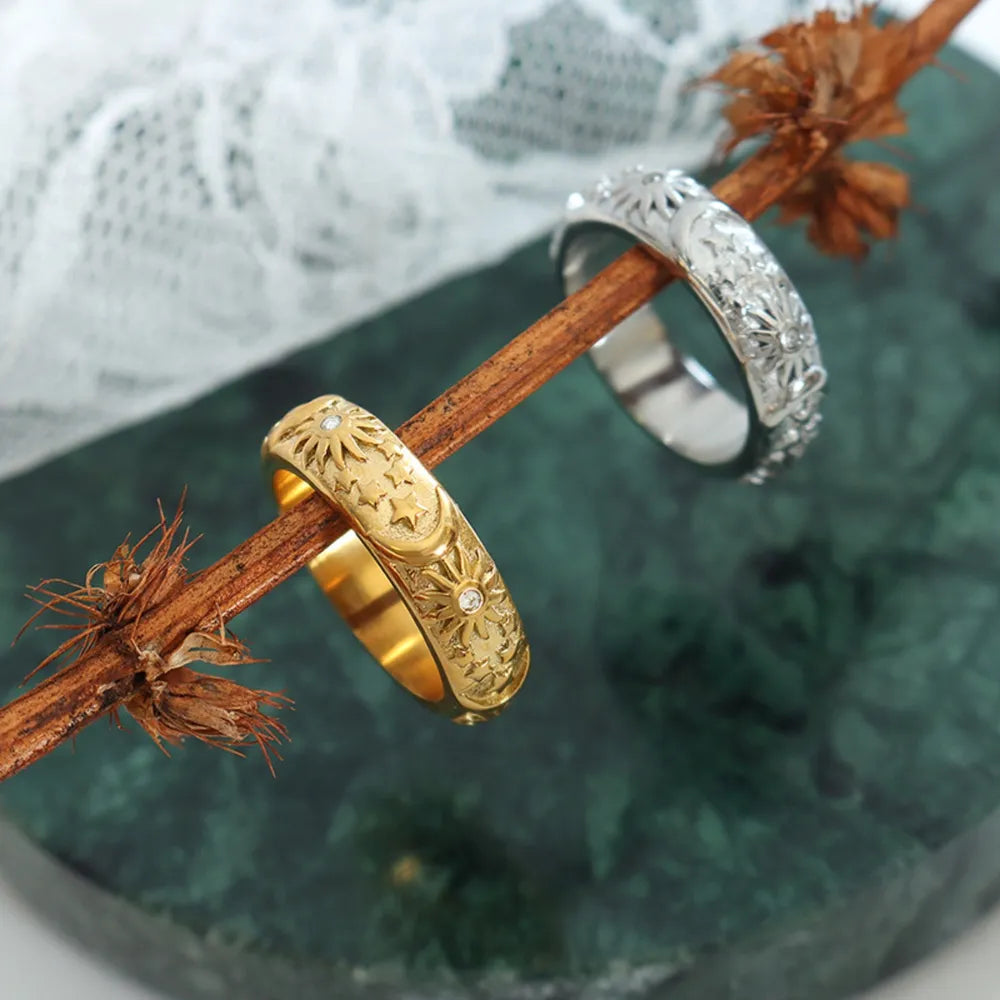 Star Moon Shaped Sparkling Zircon Design Ring Titanium Steel Handmade Jewelry for Girls - AstroVerse™