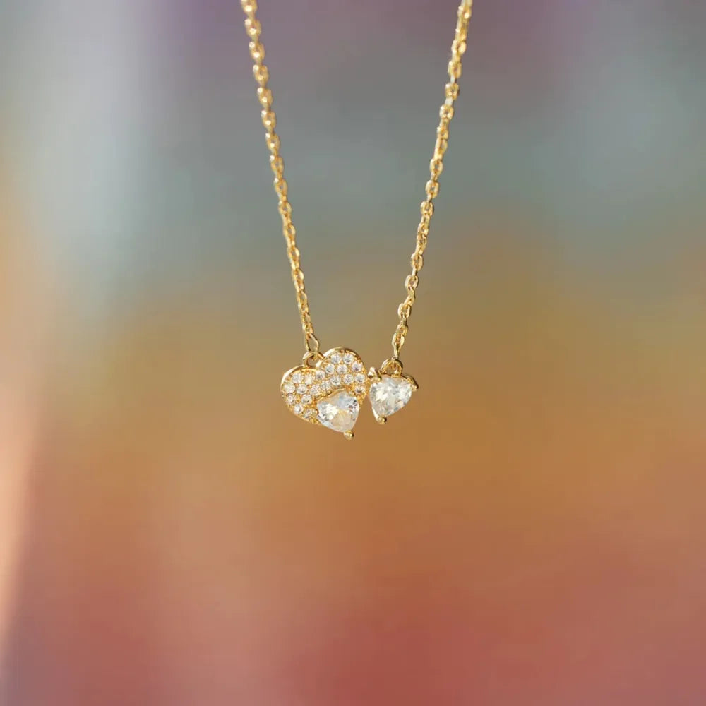 925 Sterling Silver Heart Necklace - 18K Gold Plated Zircon 16" - AstroVerse™