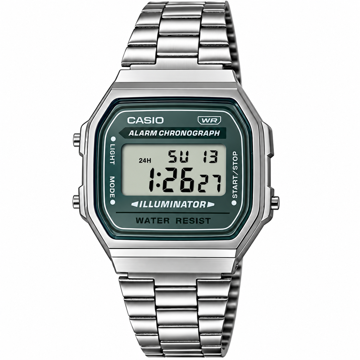 Ticora Casio A158WEA-2 digital watch for men with black resin strap and digital display showing time and date.