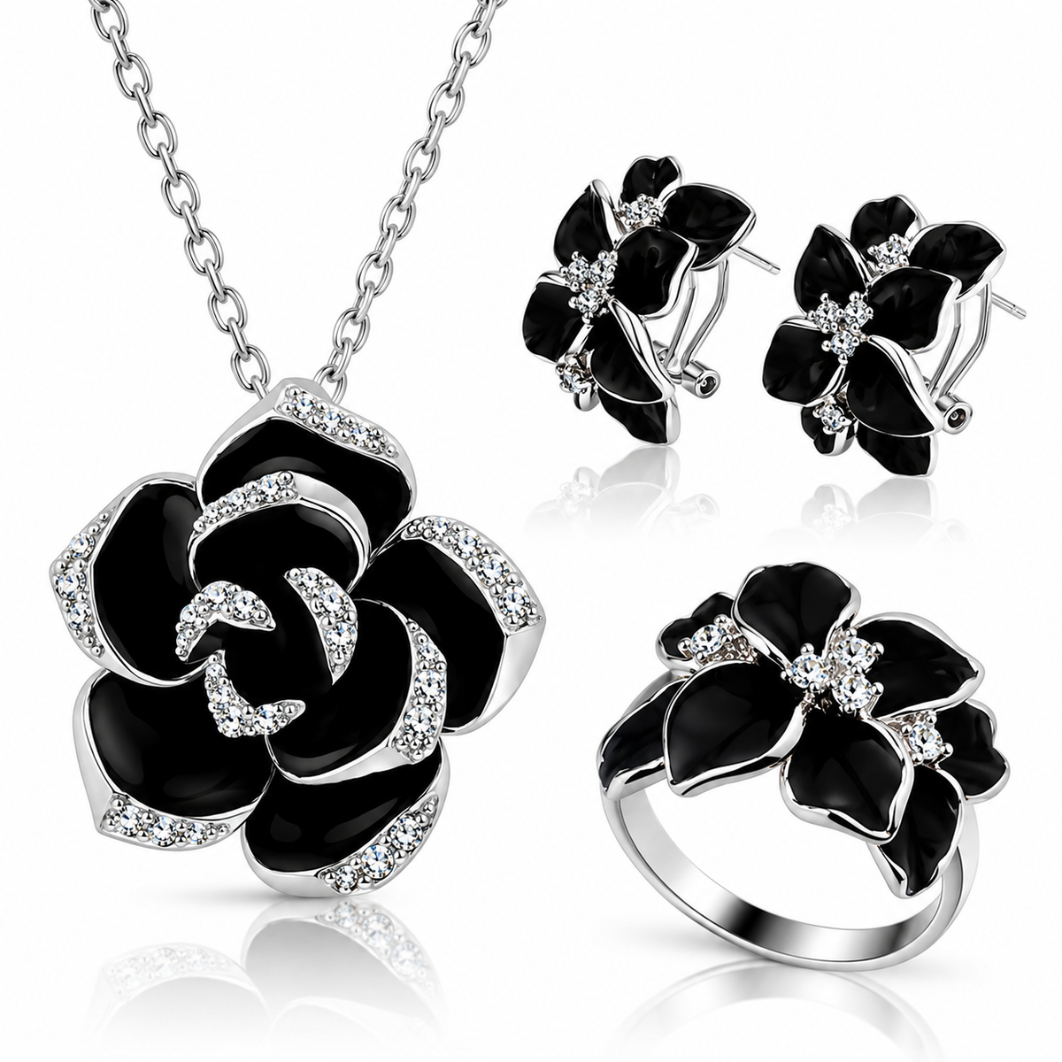 Ticora rose flower enamel jewelry set with matching necklace and earrings, featuring vibrant red and gold accents.