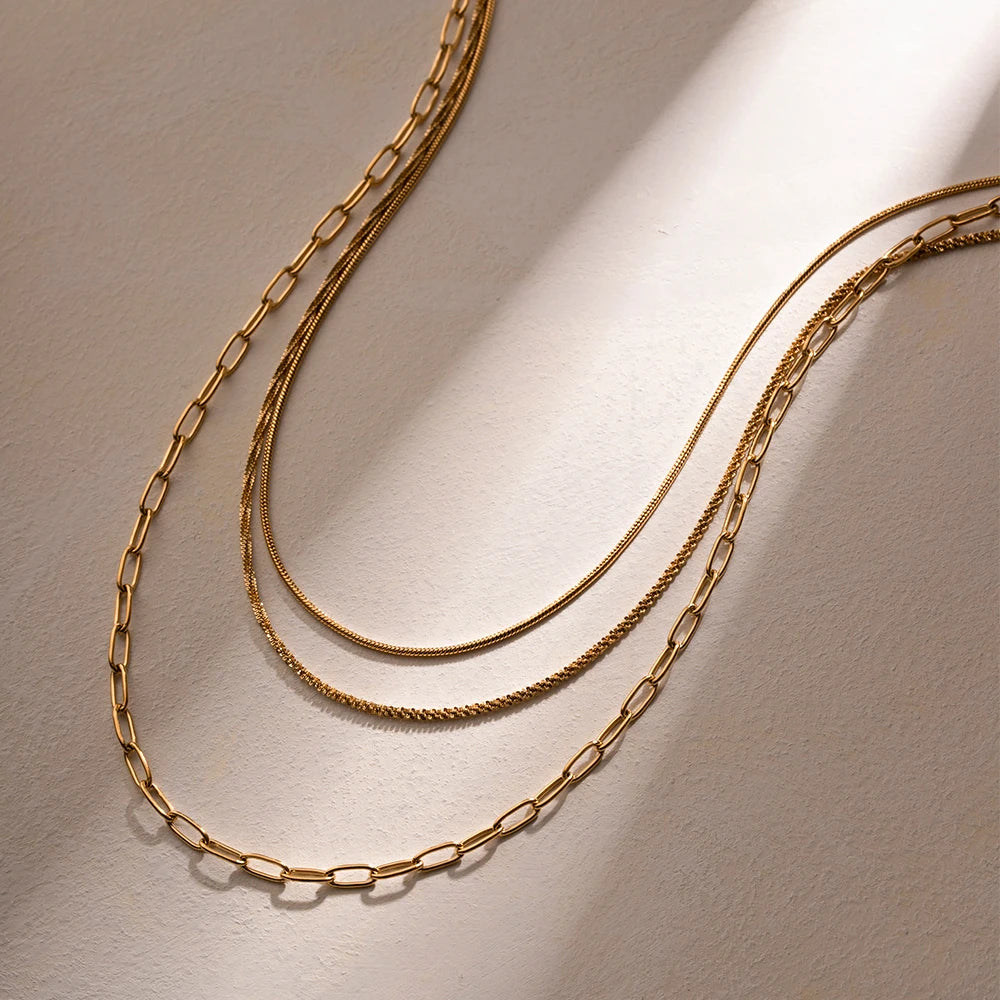 Eprolo jewelry stainless steel Figaro double layer necklace with snake and paperclip chain, layered stacking design, new style.