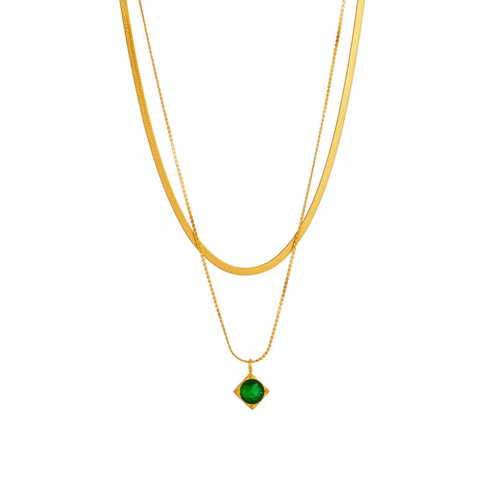 Elegant green square diamond pendant necklace by eprolo with titanium steel double-layer chain, showcasing a high-end European and American style.