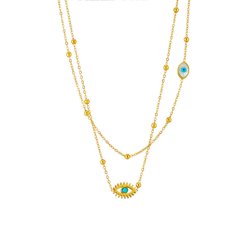 Layered Evil Eye Necklace - Gold Titanium Steel Double Chain with Beads - AstroVerse™