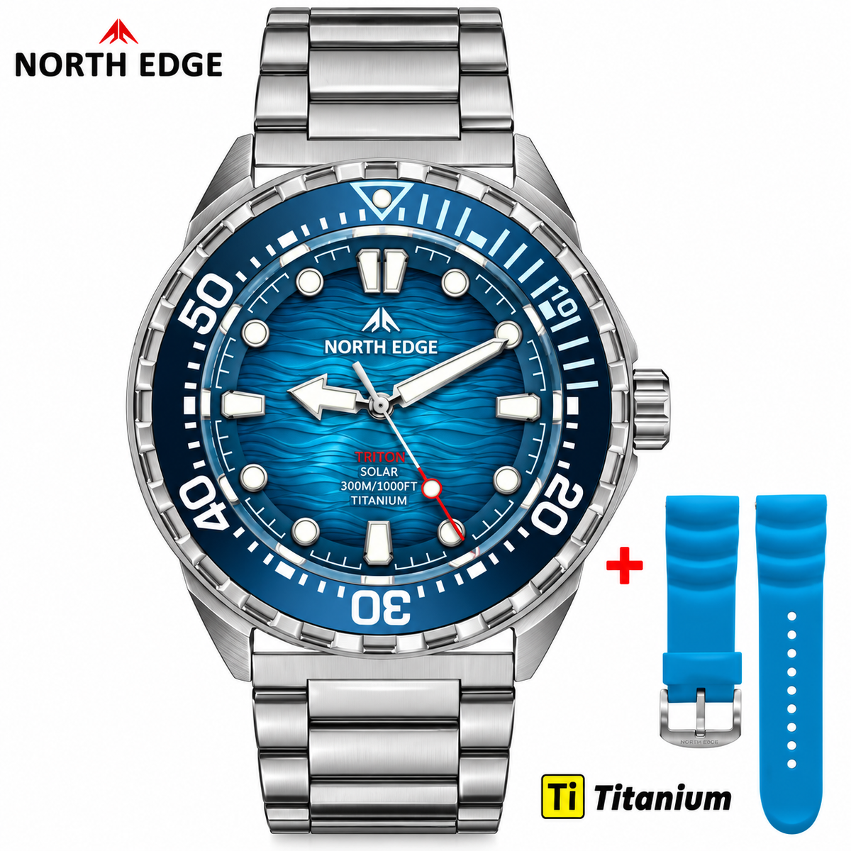 Ticora North Edge Triton-Ti solar-powered titanium diving watch with black dial and stainless steel bezel.