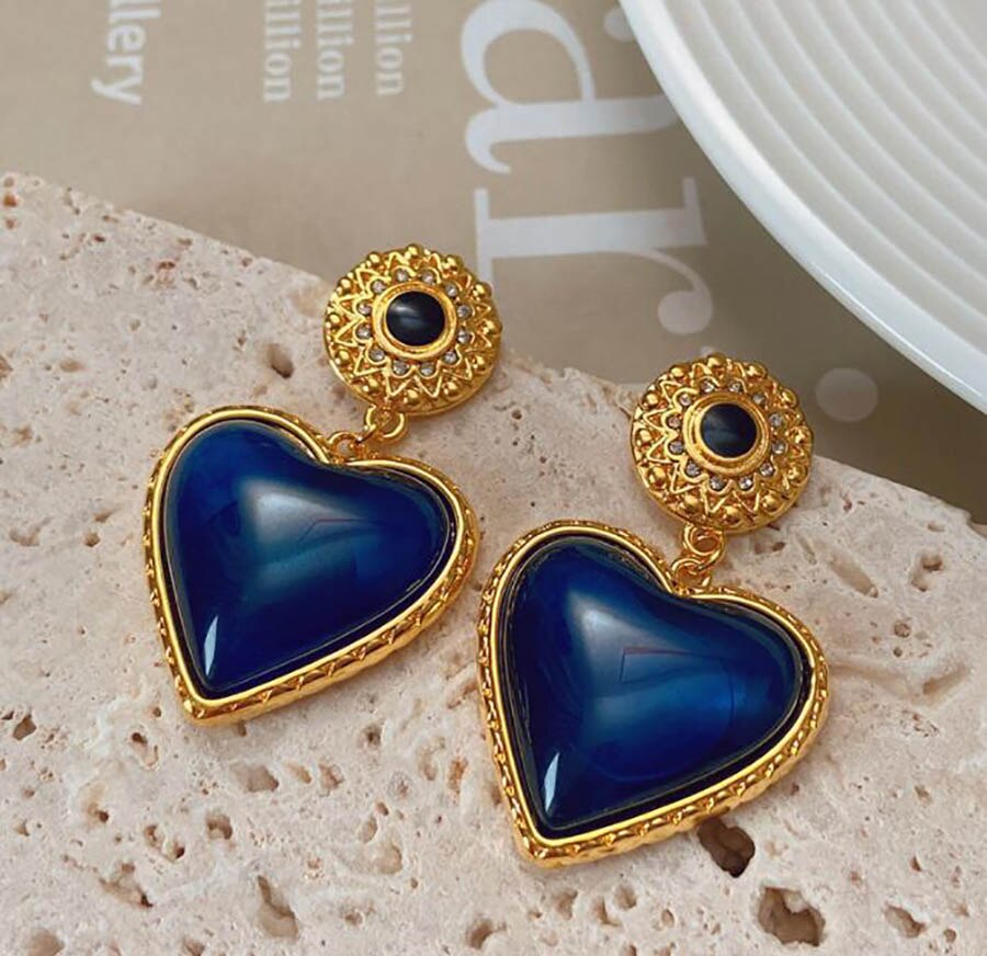 French Retro Medieval Blue Heart Earrings Female Copper Plated Real Gold Heart Earrings 925 Silver Needle High Quality