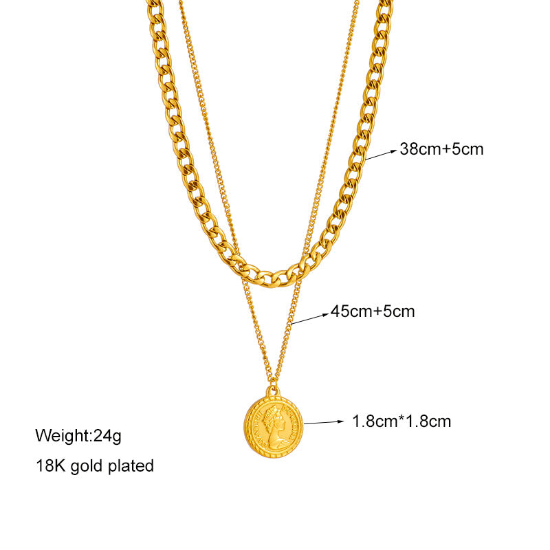 European and American New Simple Double Layer Chain Queen Portrait Round Label Pendant Accessories with Advanced Retro Necklace