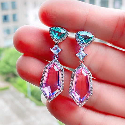 Pink Crystal Drop Earrings - Long Dangle Geometric Earrings 40mm - AstroVerse™
