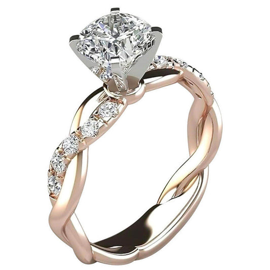 Two-Tone Princess Cut Ring - 18K Rose Gold Plated Cross Twist Band - AstroVerse™