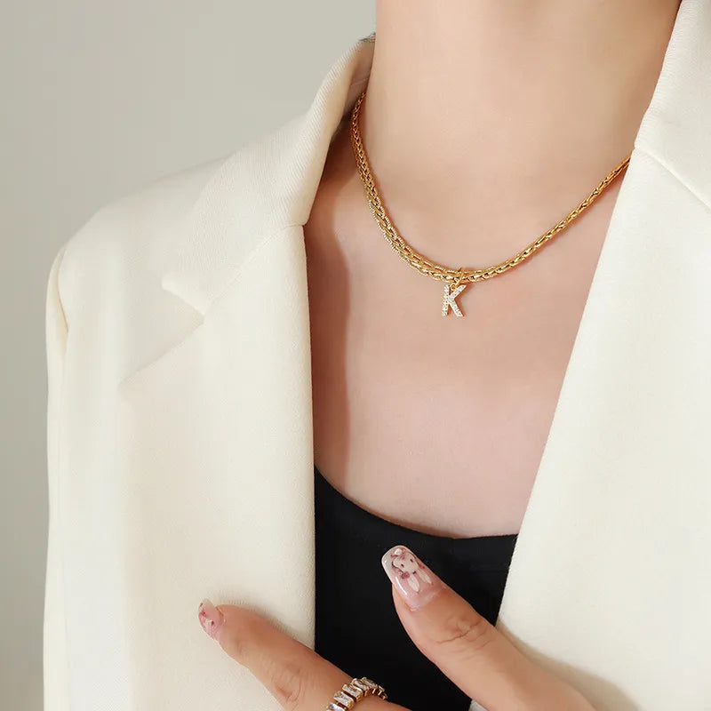 Brass Inlaid Zircon Letter Pendant Necklace - AstroVerse™