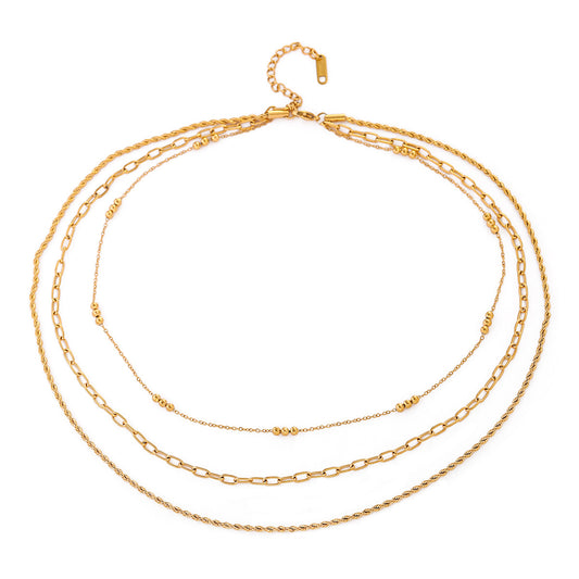 Eprolo stainless steel triple beaded loop chain necklace with fried dough twists design, beach style layered jewelry for women