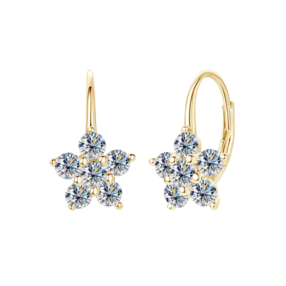 Sterling silver moissanite flower huggie earrings with 1.2 carats from eprolo, showcasing intricate floral design and sparkling gemstones.