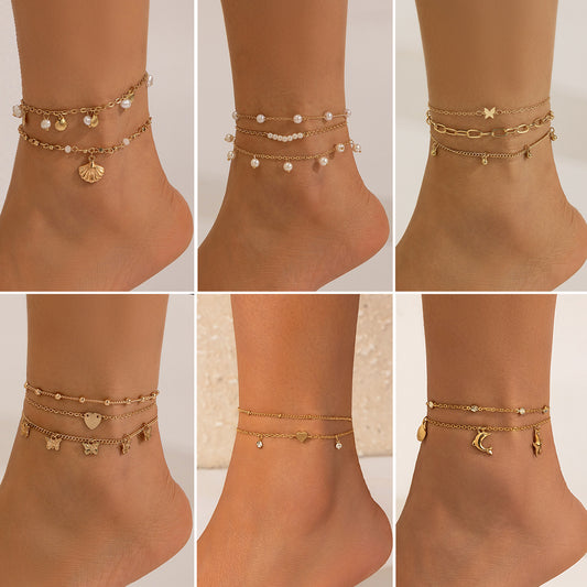 Beach Anklet Set - Layered Gold Chain with Shell Dolphin Pearl Charms - AstroVerse™