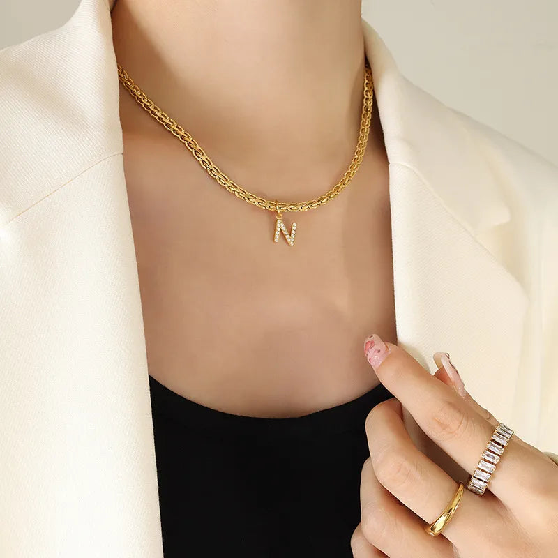 Brass Inlaid Zircon Letter Pendant Necklace - AstroVerse™
