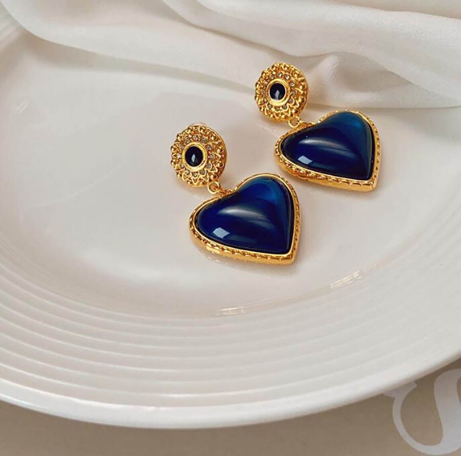 French Retro Medieval Blue Heart Earrings Female Copper Plated Real Gold Heart Earrings 925 Silver Needle High Quality