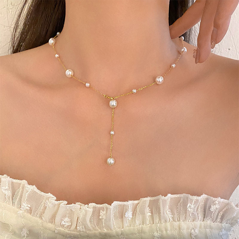 Elegant collarbone chain, small and fresh titanium steel, starry sky, pearl, simple tassel, versatile, personalized necklace for women