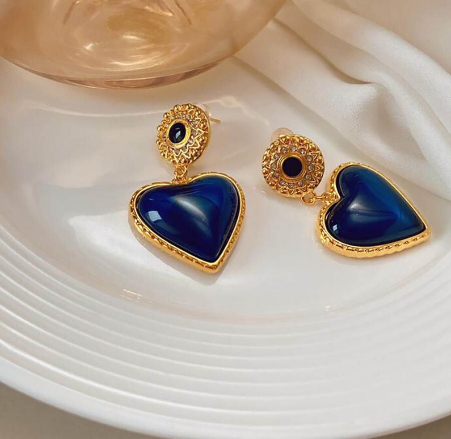 French Retro Medieval Blue Heart Earrings Female Copper Plated Real Gold Heart Earrings 925 Silver Needle High Quality