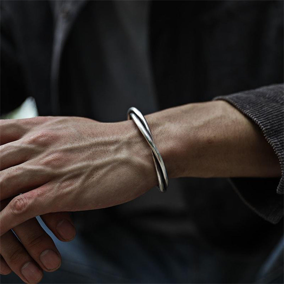 Handmade Twisted Wire Bracelet Men's Trendy Retro Pure Silver Open Bracelet Niche Design Jewelry - AstroVerse™