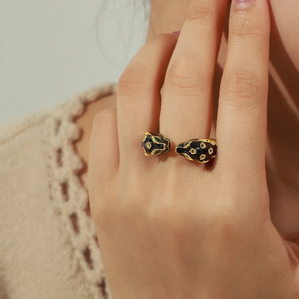 Black Panther Ring - Enamel Open Band with Crystals Adjustable - AstroVerse™