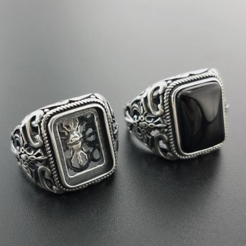 Real 925 Sterling Silver Vintage Rings For Men Natural Black Onyx Stone Square Shape Hollow Cross Flower Carved Punk Jewelry - AstroVerse™