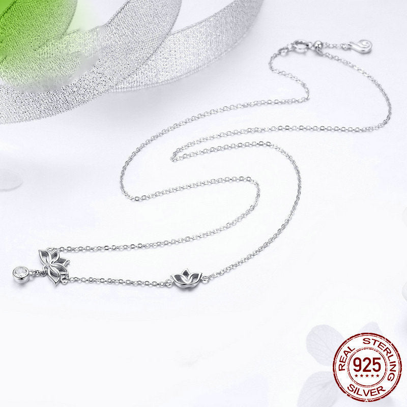 925 Sterling Silver Lotus Necklace - Platinum Plated Zircon Flower Pendant - AstroVerse™