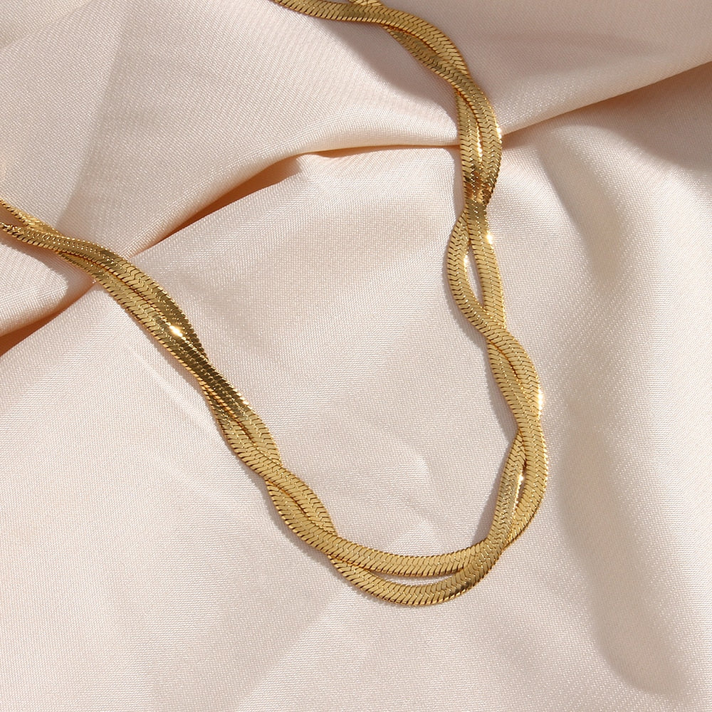 18K gold plated herringbone chain necklace and bracelet set featuring sleek, flat interwoven links for a stylish jewelry look