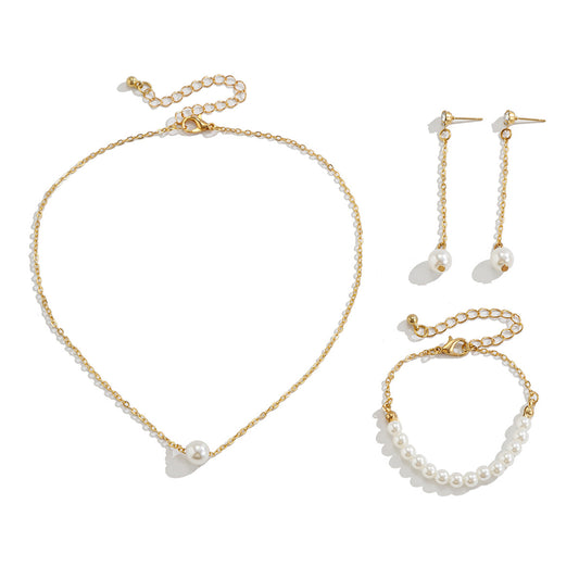 Pearl Cross Chain Jewelry Set - Necklace Earrings Bracelet Gold Set - AstroVerse™