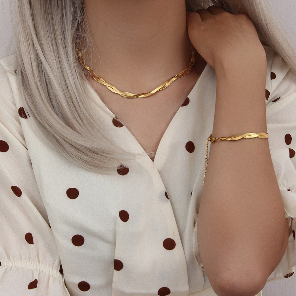 Eprolo 18K gold plated herringbone chain necklace and bracelet set displayed on a neutral background.