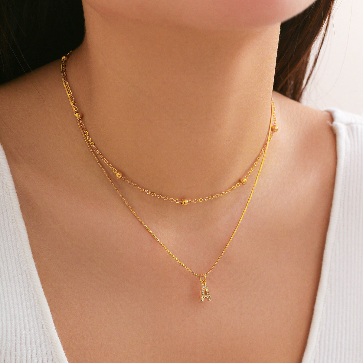 Simple diamond studded English letter pendant, double-layer necklace collarbone chain, versatile snake bone necklace for women