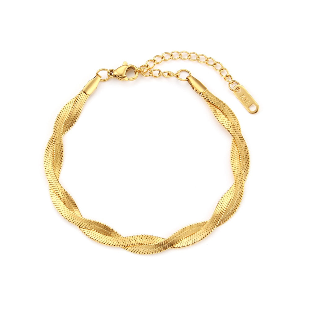 Eprolo 18K gold plated herringbone chain necklace and bracelet set with sleek, shiny interlocking links.