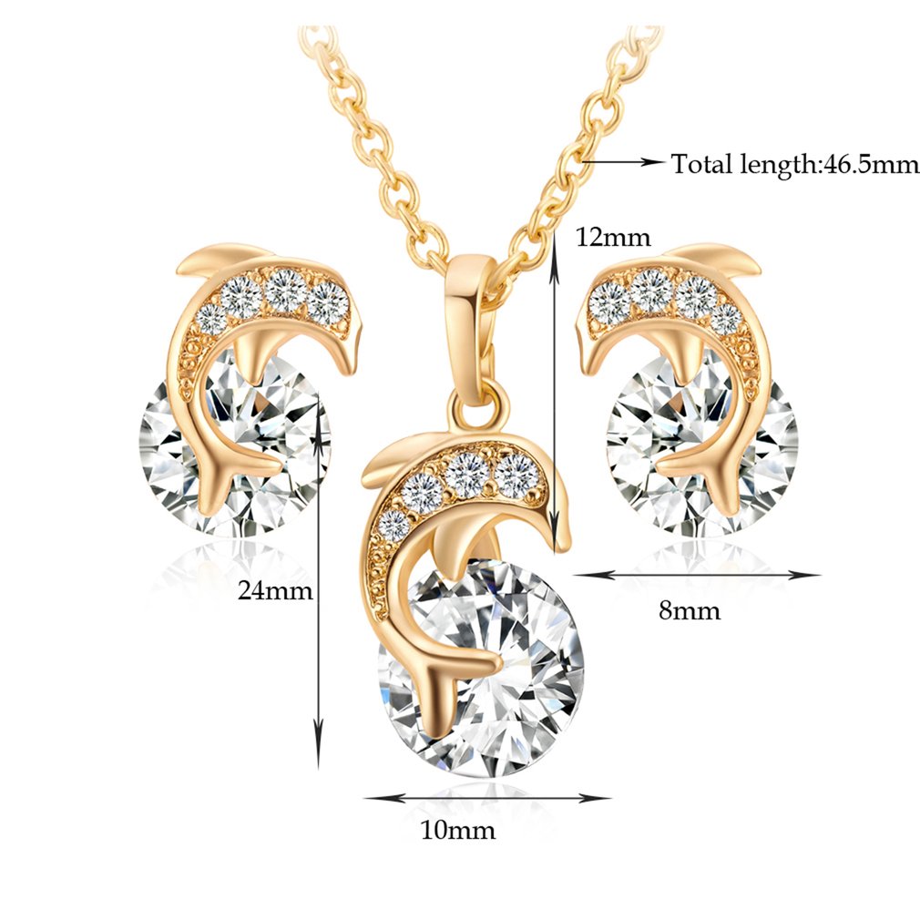 Creative dolphin necklace pendant and rhinestone earrings set featuring a sleek design with sparkling accents and silver-tone finish.
