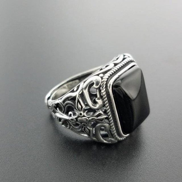 Real 925 Sterling Silver Vintage Rings For Men Natural Black Onyx Stone Square Shape Hollow Cross Flower Carved Punk Jewelry - AstroVerse™