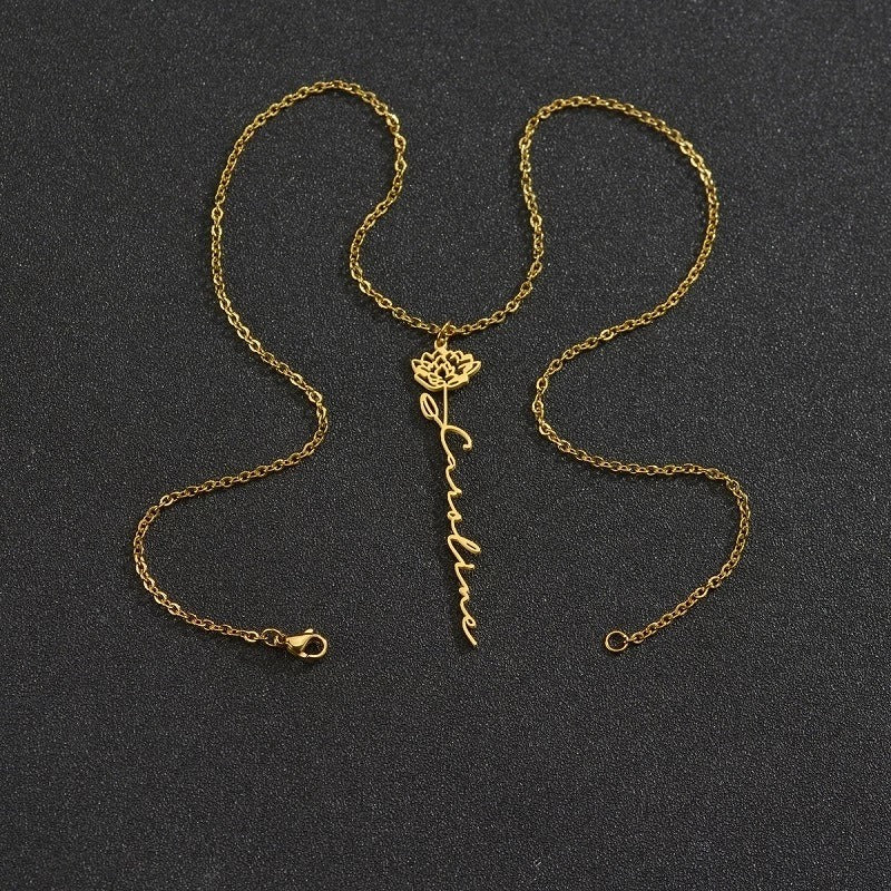 Elegant ladies flower name necklace by eprolo featuring English letter charms on a delicate clavicle chain.