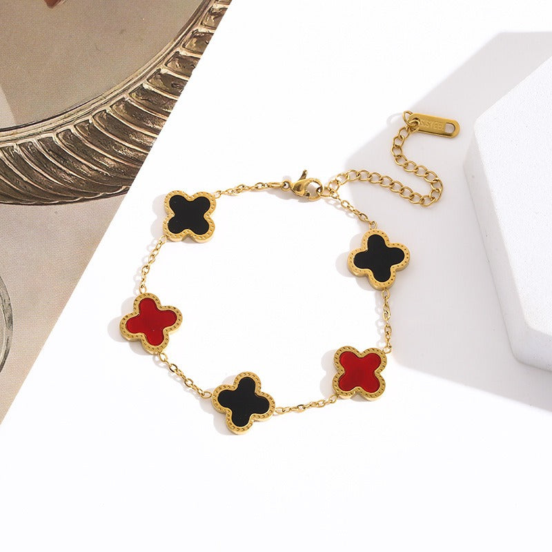 Minimalist women's Clover bracelet featuring five flower Fritillaria charms, crafted by eprolo.