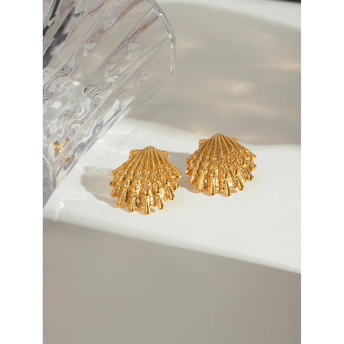 Creative Stainless Steel 18k Gold Plated Ocean Style Shell Ribbed Hammer Grain Earrings Personalized Jewelry Attractive Women - AstroVerse™