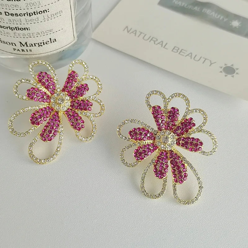 Pink Rhinestone Flower Earrings - Gold Hollow Metal Statement Dangle - AstroVerse™