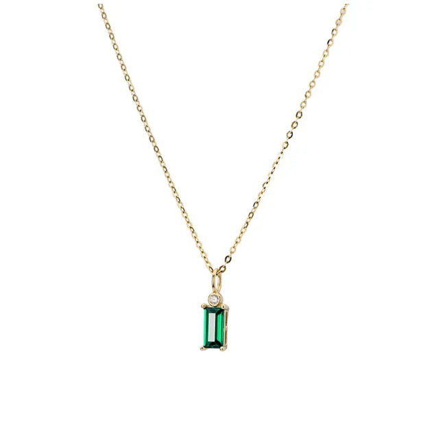 925 Sterling Silver 14K Gold Plated Emerald Green Mini Rectangle Zircon Necklace - AstroVerse™