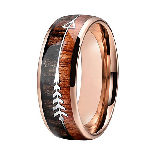 Tungsten Wedding Ring with Wood Inlay - Rose Gold Arrow Band Unisex - AstroVerse™