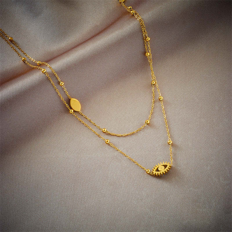 Layered Evil Eye Necklace - Gold Titanium Steel Double Chain with Beads - AstroVerse™