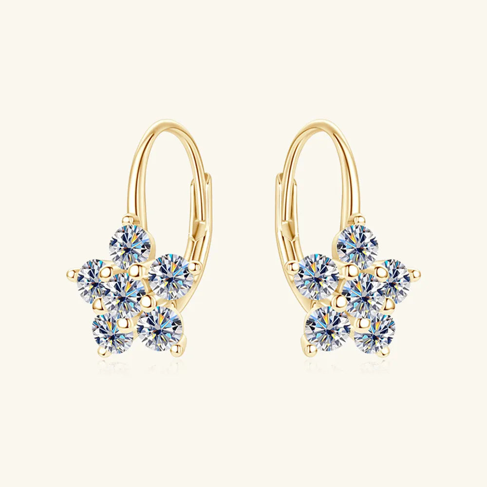 Sterling silver Moissanite flower huggie earrings featuring 1.2 carats, showcasing sparkling gemstones and intricate floral design.