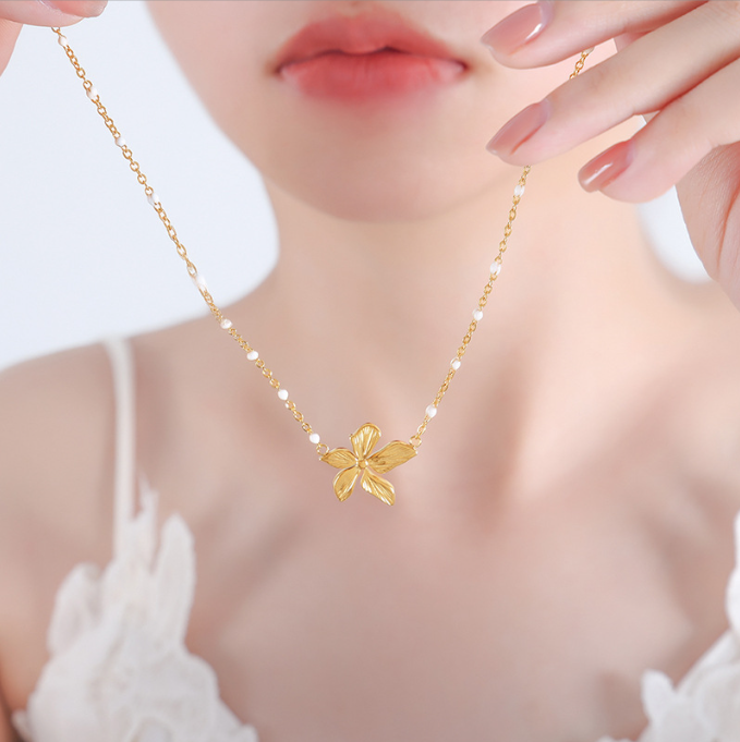 Flower Enamel Necklace - Titanium Steel Cross Chain Pendant - AstroVerse™