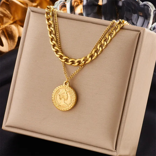 European and American New Simple Double Layer Chain Queen Portrait Round Label Pendant Accessories with Advanced Retro Necklace