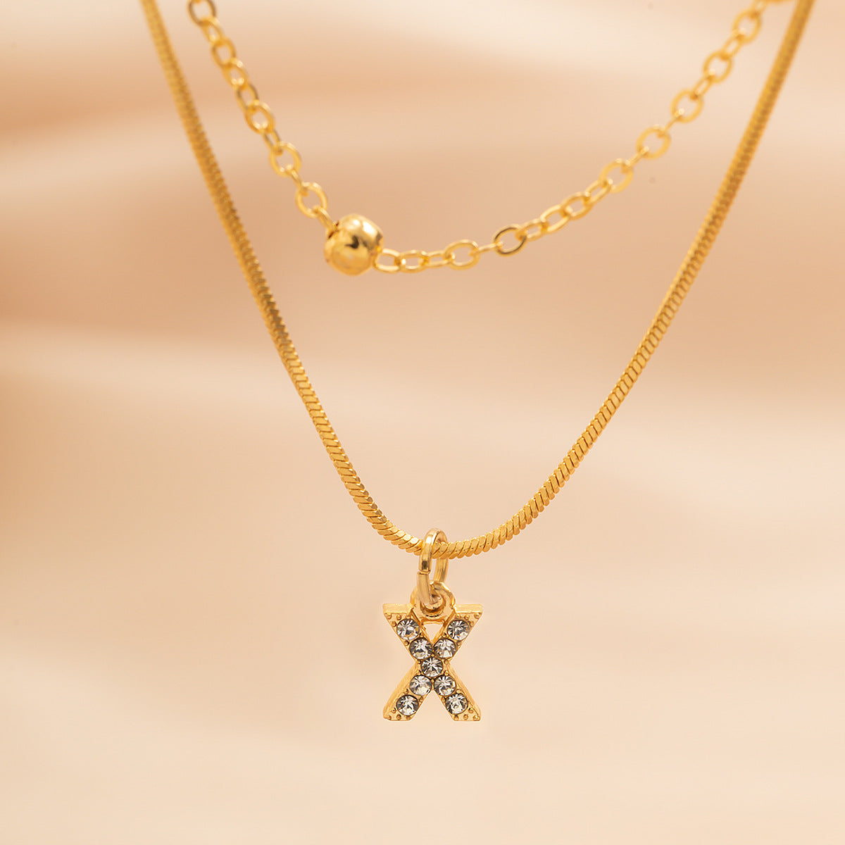 Simple diamond studded English letter pendant, double-layer necklace collarbone chain, versatile snake bone necklace for women