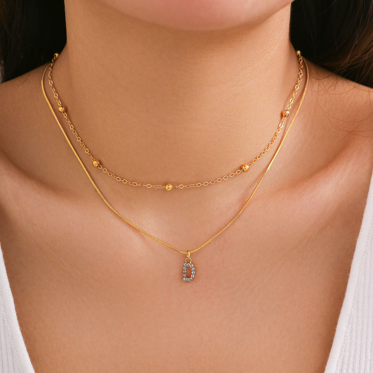 Simple diamond studded English letter pendant, double-layer necklace collarbone chain, versatile snake bone necklace for women
