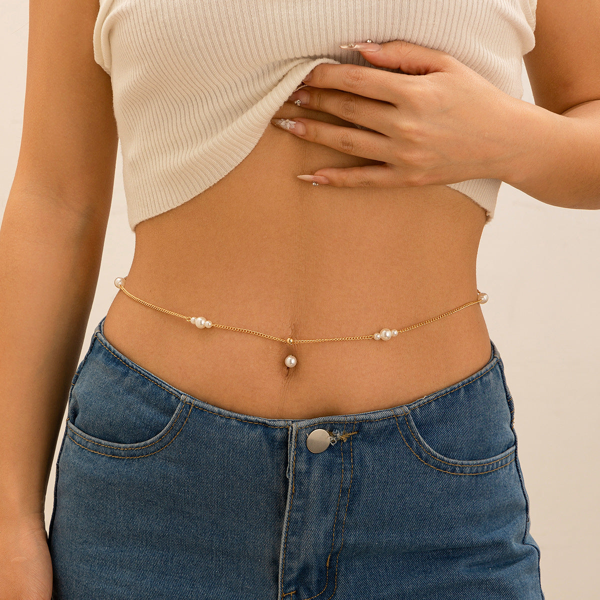 Zircon navel nail body chain sexy imitation pearl tassel chain - AstroVerse™