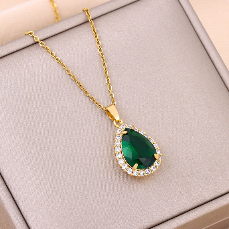 Light luxury retro green zircon crystal water drop pendant titanium steel necklace women's classic stainless steel collarbone - AstroVerse™