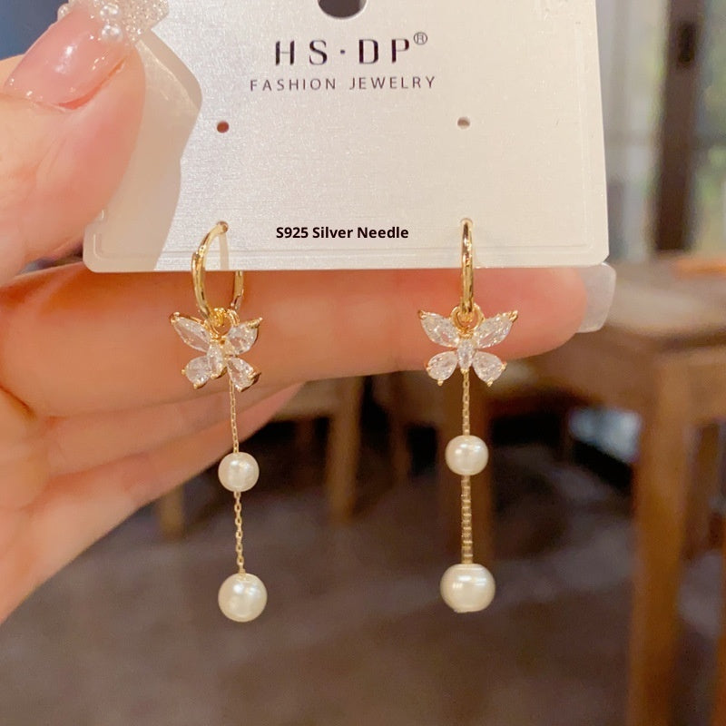One Style For Dual-wear Diamond Butterfly Pearl Tassel Ear Clip - AstroVerse™