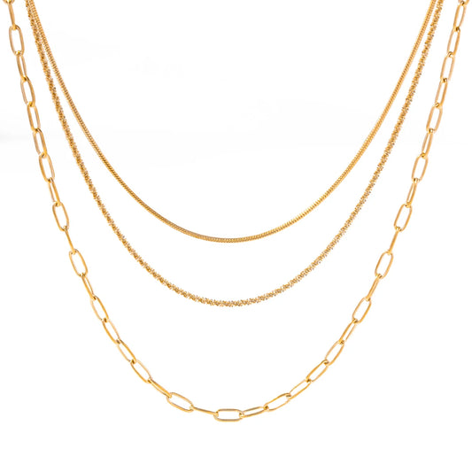 Eprolo jewelry stainless steel Figaro double layer necklace with snake and paperclip chain design, stacking layered chain necklace.